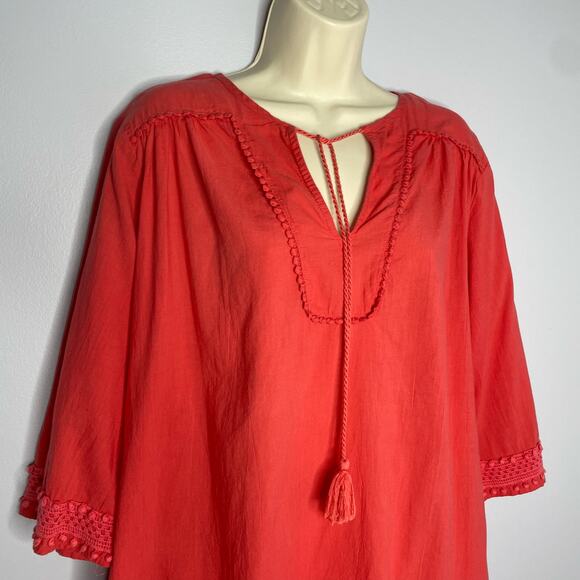 Marabella Tunic Tie Tassel Neck Crochet Details Top Red orange Medium - Picture 2 of 10